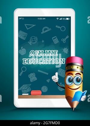 Online education tablet device vector design. Online education text in chalkboard tablet with pencil teacher character for e-learning home school. Stock Vector