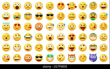 Smileys emoticon vector set. Smiley emoji with happy, funny, sad and in love facial expressions isolated in white background for emoticons icon. Stock Vector