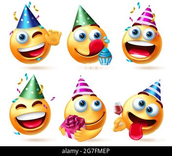 Smileys birthday vector set. Smiley emojis in party hats with gift, cupcake and confetti celebration elements for birth day happy and funny emoji. Stock Vector