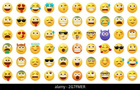 Emoticon smileys vector set. Emoji face icon smiley with smiling, kissing and sick facial expressions isolated in white background for cute emoticons. Stock Vector