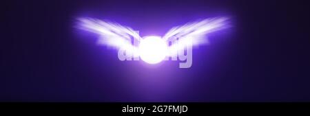 Angel wings sun in purple dark background panorama, Shiny angelic wings light with panoramic violet background. Supernatural power, Spiritual guidance Stock Photo