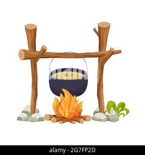 Black camping pot over a campfire in cartoon style isolated on white background. Wooden sticks, fire with logs, decorated with grass. Picnic cooking, travel preparation. Vector illustration Stock Vector