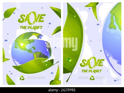 Save the planet cartoon posters with earth globe, green leaves, water drops and recycling symbol. Environment protection, renewable energy and sustainable development eco conservation vector concept Stock Vector
