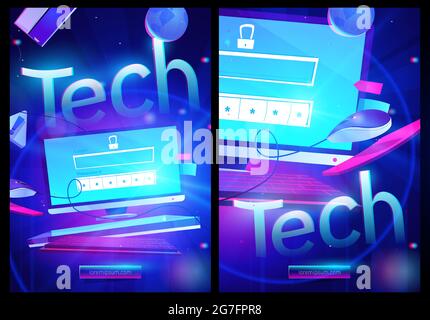 Tech cartoon poster, computer neon glowing desktop with lock, login and password form. Personal data protection, mobile life, internet social networks media cyber privacy protect, Vector web banner Stock Vector