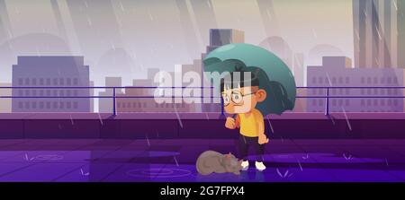 Boy under umbrella with homeless cat protect pet from autumn rain. Animal rescue, protection, support and love concept. Adoption and custody, help stray kitten, shelter, Cartoon vector illustration Stock Vector