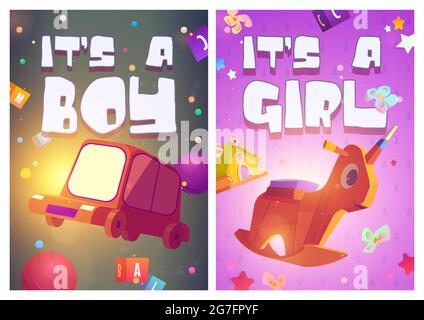 Its boy or girl posters. Baby shower greeting cards. Vector banners with announcement newborn gender with cartoon illustration of children toys, car, ball, unicorn and little house Stock Vector