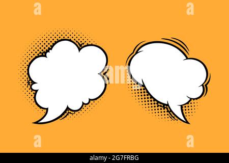 Cloud speech bubbles with halftone shadows in comic style. Vintage speech boxes isolated in yellow background. Handdrawn vector illustration Stock Vector