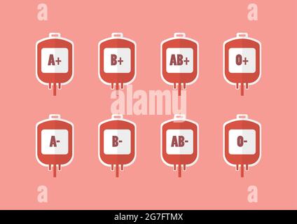Blood bags with blood types vector illustration. Flat style vector illustration Stock Vector