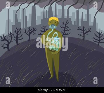 A man in a gas mask against the backdrop of factories and smoke. Emissions of pollution into the air. Stock Vector