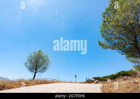 Road through Coll de rates winding downhill through trees and golden ...