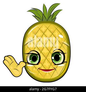 Pineapple cheerful smile. Juicy red fruit with a muzzle. Cartoon style. Isolated over white background. illustration. Stock Photo