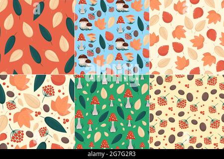 Set of seamless patterns with autumn elements, yellow leaves mushrooms and berries in flat style, vector seamless backgrounds Stock Vector