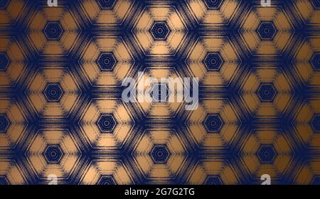 Abstract gold and dark blue textured pattern with kaleidoscope effect. Vector illustration. Symmetric geometric ornament for digital paper, wallpaper backdrop design, invitations, wrappings. Stock Vector