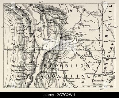 Map of the regions covered by French explorer Emile-Arthur Thouar in South America. Old 19th century engraved illustration from La Nature 1888 Stock Photo