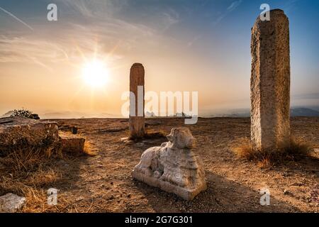 View of Matanga Hill during the sunrise in the morning in the Unesco World Heritage town in Hampi, Karnataka, India Stock Photo