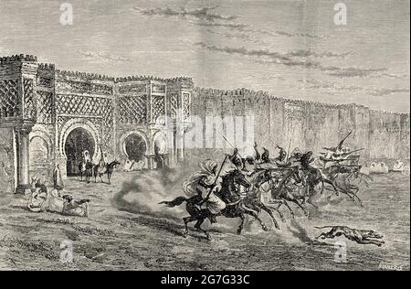 Moroccan soldiers on horseback in front of the governor's palace in Meknes, Morocco, Maghreb. North Africa. Old 19th century engraved illustration from El Mundo Ilustrado 1880 Stock Photo