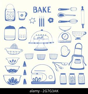 Baking kitchen icon illustration set. Vector blue outlines design resource elements. Stock Vector
