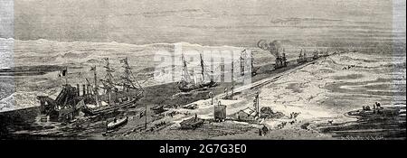 Panoramic view of the Suez Canal, Egypt, North Africa. Old 19th century engraved illustration from El Mundo Ilustrado 1880 Stock Photo