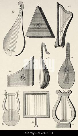 Musical instruments mentioned in the psalms. 23-24-25 kinnor, 26-27-28-28-31 Nebel, 30 Nebel-Asor. Old 19th century engraved illustration from El Mundo Ilustrado 1880 Stock Photo