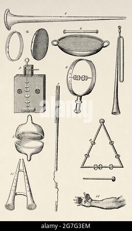 Musical instruments mentioned in the psalms. 1 Hazocera, 2-3 Tof or Tambourine, 4 Trumpet, 5-6 Menaneim, 7-10 Halil or Nehila, 8-11 Celcellim or Mecillhaim, 9 Schalischim. Old 19th century engraved illustration from El Mundo Ilustrado 1880 Stock Photo