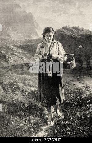 Young barefoot peasant girl in the mountains of Norway, Europe. Old 19th century engraved illustration from El Mundo Ilustrado 1880 Stock Photo