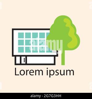 Vector business icon of simple graphic modern house with solar cell panels on the roof, big green tree is nearby the house. The concept for ECO home. Stock Vector
