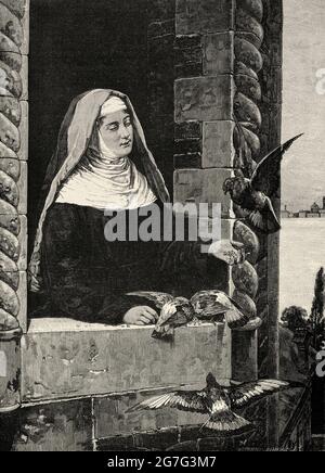 Nun in a convent feeding pigeons. Old 19th century engraved illustration from El Mundo Ilustrado 1880 Stock Photo