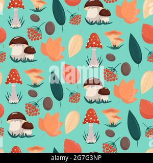 Seamless pattern with mushrooms and autumn leaves, vector illustration in flat style Stock Vector