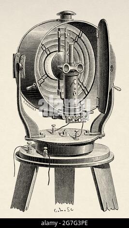 Electric light projector for marine by German inventor Werner von Siemens (1816-1892) Old engraved illustration from the 19th century, El Mundo Ilustrado 1880 Stock Photo