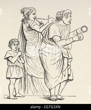 Roman mosaic of a Comedy scene with musical hawkers found in 1762 in a house in Pompeii, Ancient Rome. Italy, Europe. Old 19th century engraved illustration from El Mundo Ilustrado 1880 Stock Photo