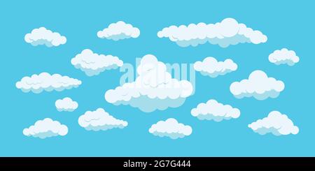 Fluffy clouds set isolated on blue heaven background. Stock Vector