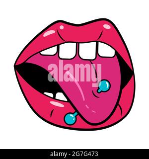 Woman lips pop art retro style. Red open mouth with pierced tongue.  Illustration Stock Photo