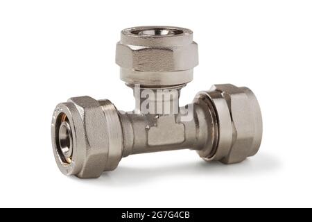 Brass tee for connecting metal-plastic pipes isolated on white Stock Photo