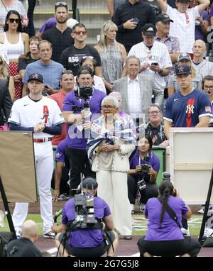 Atlanta Braves All-Star Freddie Freeman is presented his All-Star jersey by  his wife, Chelsea, and son Charlie before the Braves played the Toronto  Blue Jays in a baseball game Tuesday, July 10