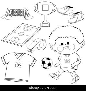 Little boy playing soccer. Black and white coloring page Stock Photo