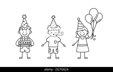 A group of kids at a birthday party. Children in festive hats with cake, balloons and blower on holiday. Hand drawn children drawing. Vector Stock Vector