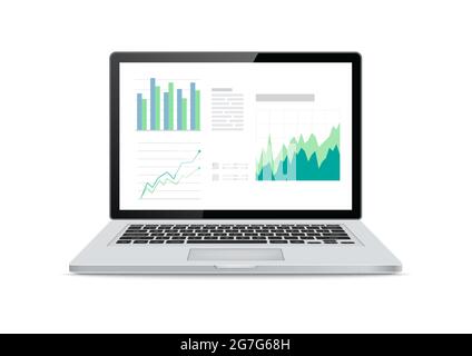 Laptop screens with financial charts and graphs on white background. Vector Illustration. Stock Vector