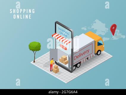 Online delivery service concept, online order tracking, Logistics delivery home and office on mobile. Vector illustration Stock Vector
