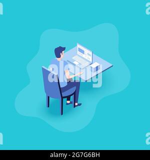 Businessman working at the computer. Man looking at the laptop screen. Flat 3d vector isometric illustration Stock Vector