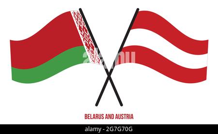 Belarus and Austria flags waving together in the wind on blue cloudy ...