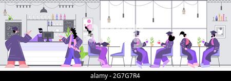 graduated students discussing during meeting in cafe graduates celebrating academic diploma degree education Stock Vector