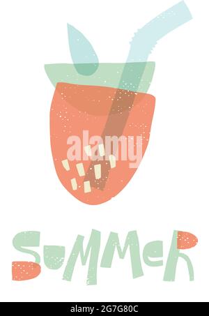 Strawberries made from geometric shapes. Stylized strawberry cocktail. Summer stylish postcard Stock Vector