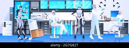 robots with scientists in protective suits making experiments in lab genetic engineering artificial intelligence concept Stock Vector