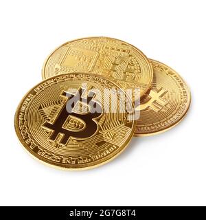 Isolated objects: group of golden bitcoin coins, close-up shot, white background Stock Photo