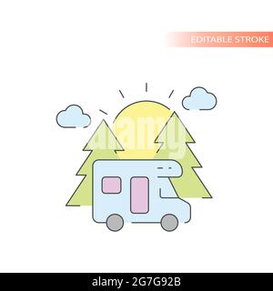 Camper van with trees and sun line vector icon. Camping outline with colorful fill, editable stroke. Stock Vector