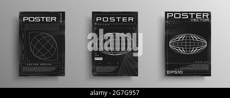 Set of retrofuturistic posters with HUD elements, laser grid, perspective grid, and wireframe ellipse planet. Black and white retro cyberpunk style Stock Vector