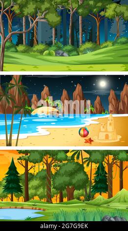 Three different nature horizontal scenes illustration Stock Vector