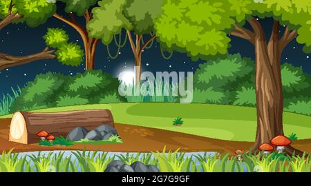 Nature forest at night scene with many trees illustration Stock Vector ...