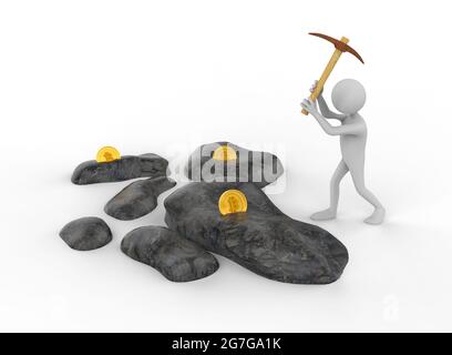 Cartoon man mining crypto coins from rock - 3D Illustration Stock Photo