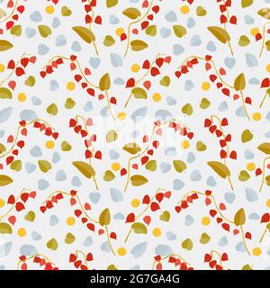Seamless pattern with branches, berries and leaves of physalis. Bright flowers on a neutral background, red, gray, yellow, swamp-green color in the co Stock Vector